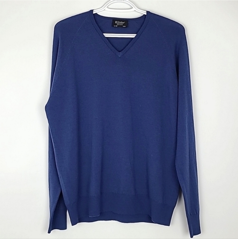 Glenbrae Men’s Merino Spiral V-Neck Pullover Sweater Made In UK Blue S